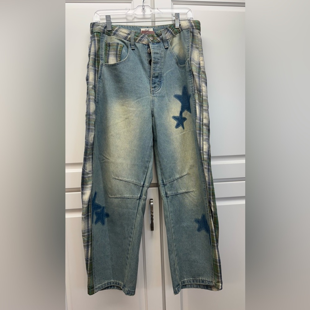 Easel Blue Star Patterned barrel jeans